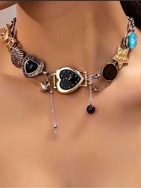 Black Heart Watch Charm Necklace Gold Silver Chunky Y2K Choker